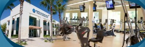 Exterior photo of Goodwill building. Interior photo of exercise equipment.