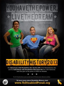 poster of three students arm in arm, two are in wheelchairs and each are wearing different shirts that say 504, ADA, and IDEA