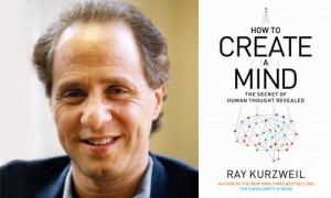 Picture of Ray Kurzweil's face next to his most recent book cover, How to Create a Mind