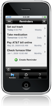 Image of a cell phone with the text minder app on it showing reminders for taking medication, taking out trash, paying bills and checking furnace filter with dates, etc.