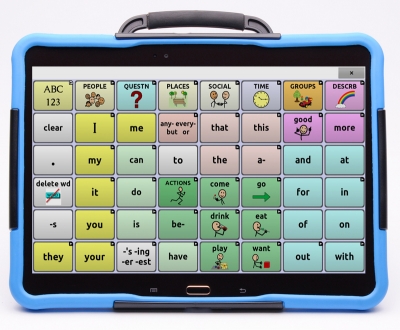 picture of the screen of a NOVA chat 10 with differnt icons and words - an aac communication device