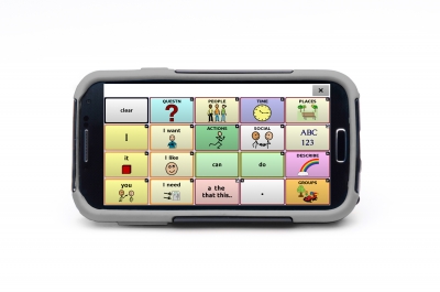a small AAC device calld a novachat with simple words and pictures on it