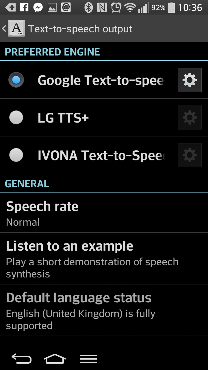 Screenshot of phone showing apps google text to speech, and IVONA text to speech, also says speech rate and listen to an example and default language status is English