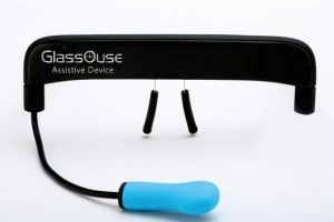 picture of  glassouse whihc looks like glasses without lenses and a blue headset piece that is the bite click