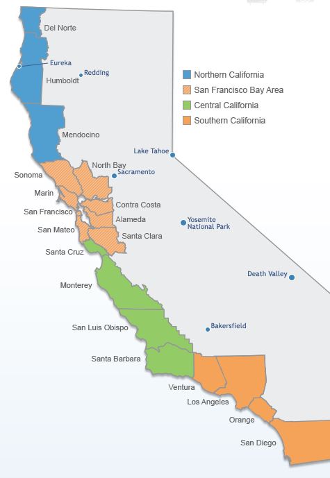 Color coded map of California highlighting the accessible beach areas 