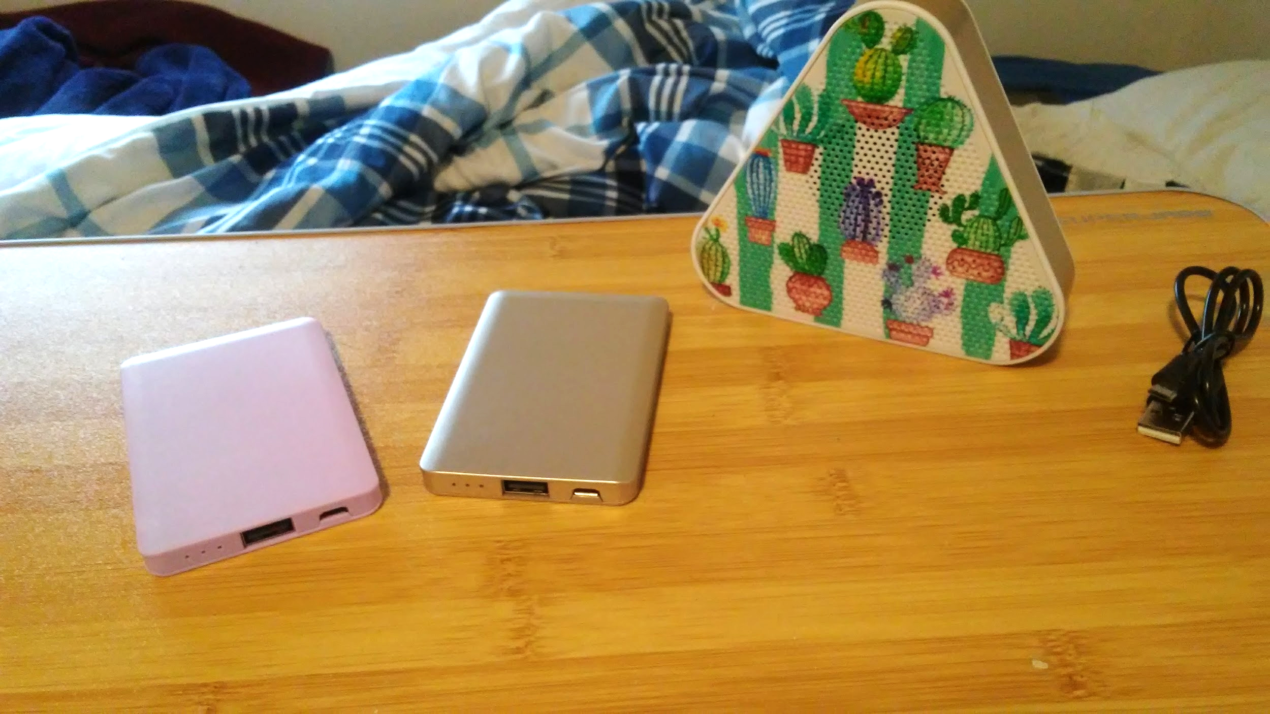 Images of a small portable bluetooth speaker with a cacti-pattern on it, and two power banks (pink and gold) 