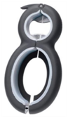 A black multi-use opening tool. It is shaped like a figure eight.