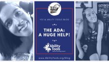 Banner featuring two photos of Alexa using her power chair with the YO and Ability Tools logos
