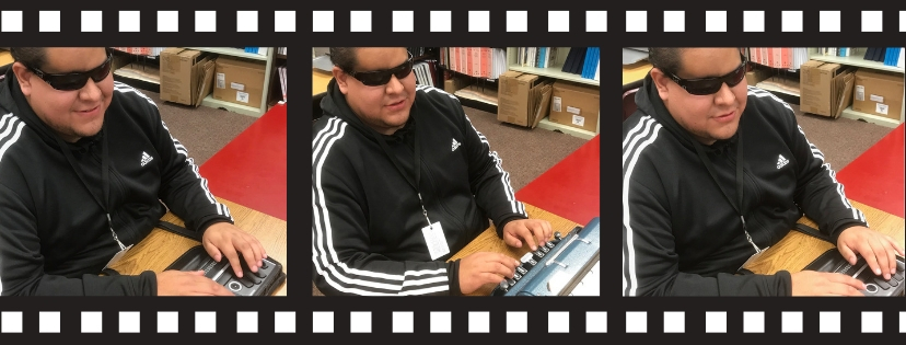 Series of 3 photos in a filmstrip: Photo of a young Latino man typing, using a black Braille device. Text: My Technology Wake-Up Call. Alan Cruz shares his experience using Braille devices.