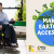 Photo of man in a wheelchair outdoors, departing from train. Image of Earth with icon people with disabilities and trees moving. Text: Making Earth Day Accessible.