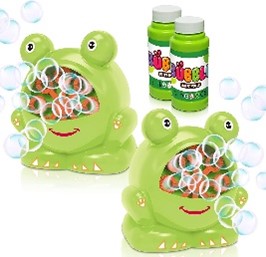 2 frog bubble machine with bubbles in the foreground and to bottles of bubbles in the background.
