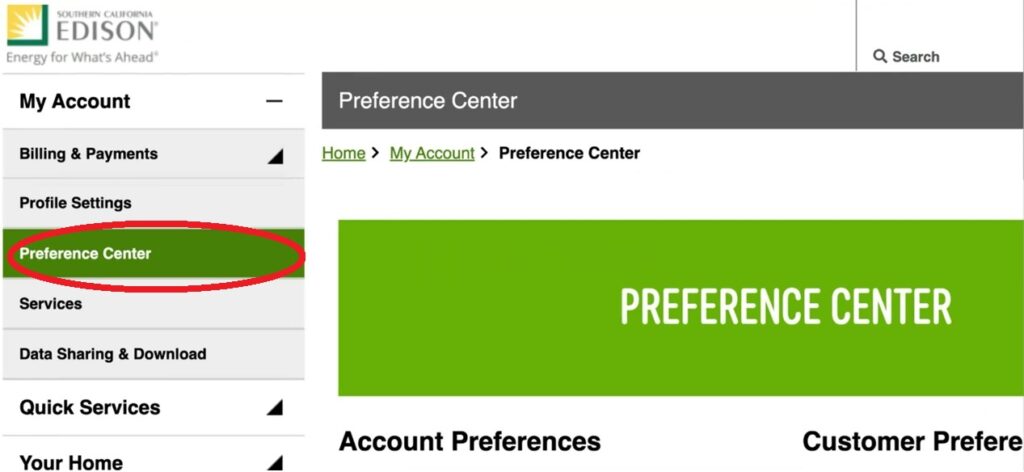 Screenshot of SCE online page. Displaying a drop down menu under My Account. Preference Center is highlighted by a red circle and green background.