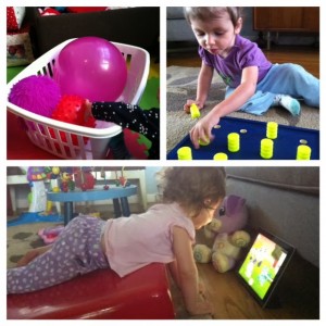 3 Photos: 1. textured balls; 2. High-contrast peg board. 3. toddler using wedge