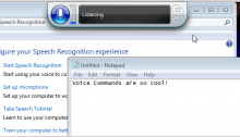 screenshot of windows speech recognition software with text that says "voice commands are so cool!"
