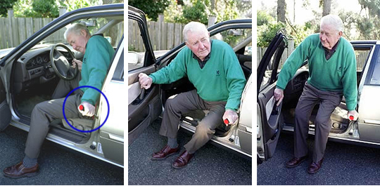 three images of an elderly gentleman using the handy bar as leverage to get out of a seated position in his car
