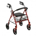picture of a red rollator walker with a seat and brakes