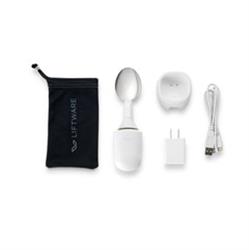 liftware picture of spoon and charging station and bag