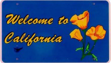 Road sign saying welcome to California with state flower on it.
