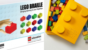Photo of Braille Bricks box filled with colorful braille brick legos