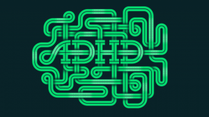 Green and black intertwined graphic spelling out ADHD