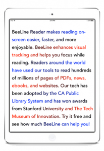 Screen shot of tablet shoeing the progression of colors in the beeline reader text.