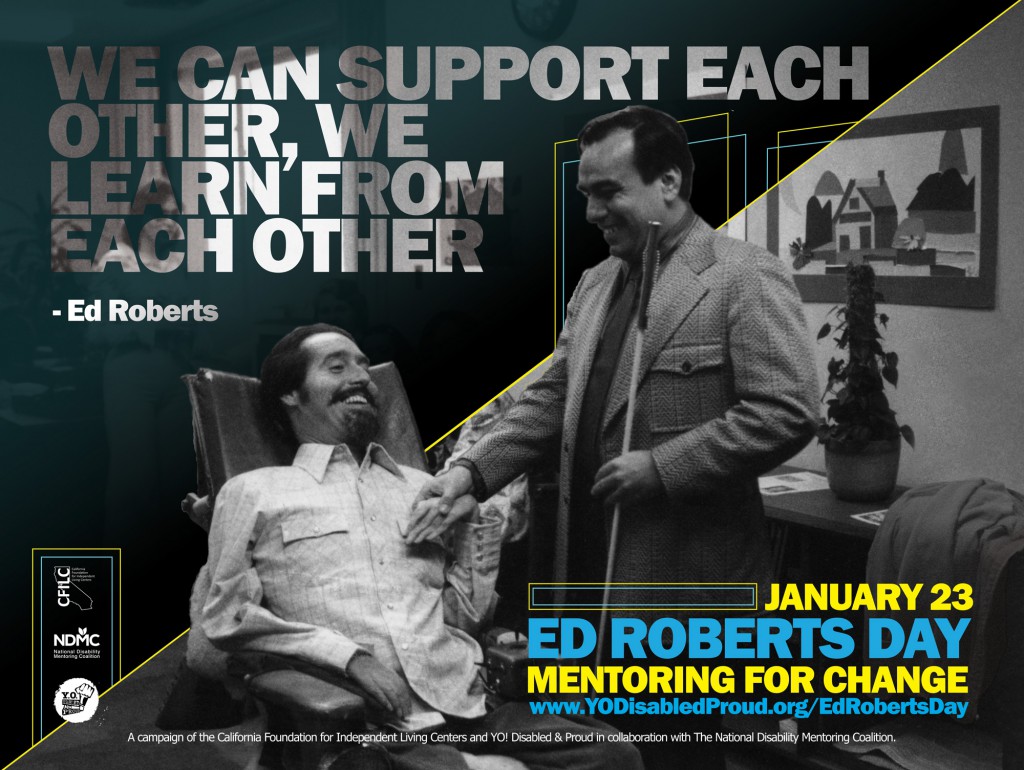 Ed Roberts poster featuring a photo of Ed Roberts shaking hands with blind man in office