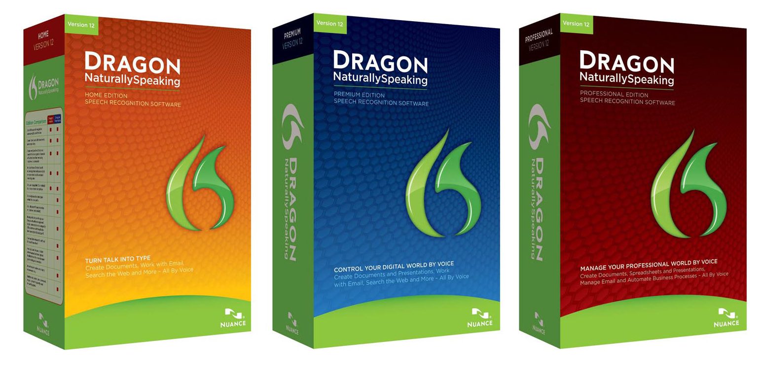 Three colorful boxes that hold the different Dragon Naturally Speaking software. Orange, blue and red boxes