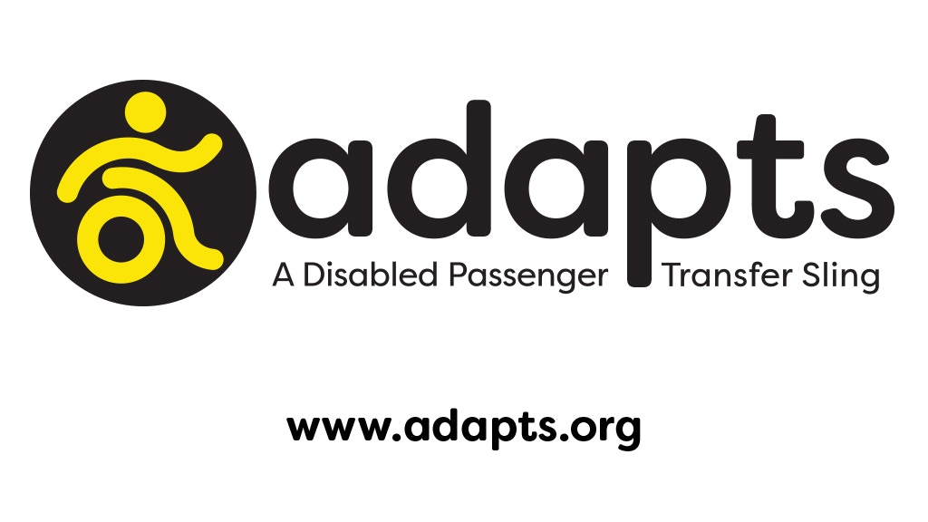 Photo of the ADAPTS Logo, the text is black and has a figure of a wheelchair user. The text reads "ADAPTS A Disabled Passenger Transfer Sling"