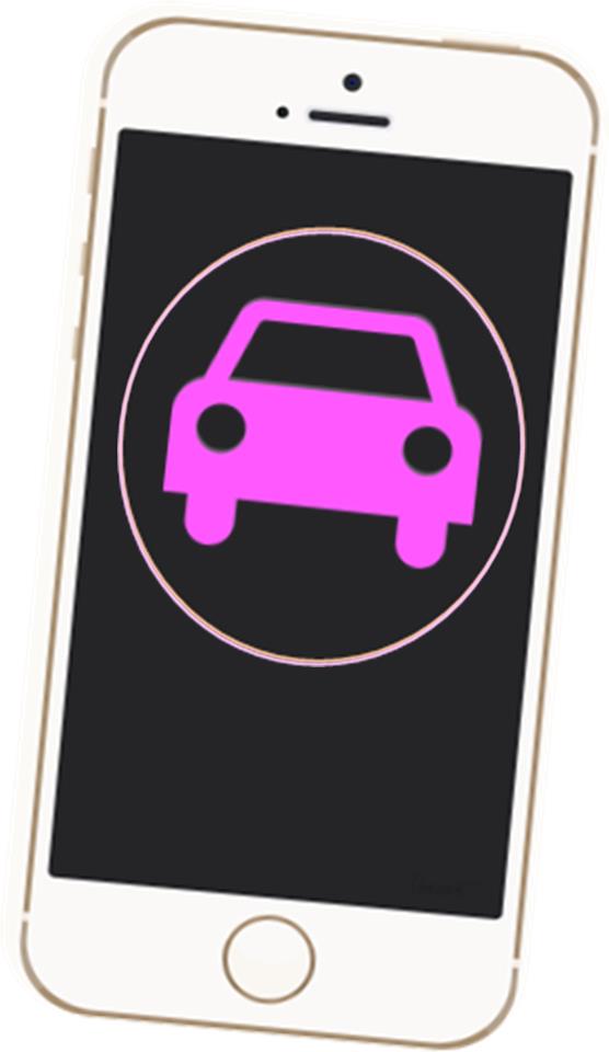 There is a white iPhone. The screen is black and has a pink logo. The logo is round and has a car in the circle.