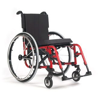 A manual wheelchair with a red frame and black cushions.