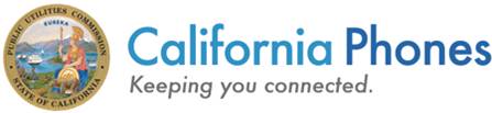 There is the seal of the state of California on the left. In large blue text it reads "California Phones", beneath this it says "Keeping you connected".