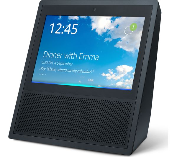 The Amazon Echo Show, it is a device with a 7 inch screen and speaker, it is displaying the weather forecast. 