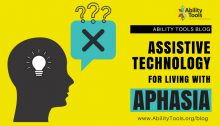 A yellow background with a hman head graphic. A thought bubble with questions. Ability Tools Logo. "Ability Tools Blog Assistive Technology for Living with Aphasia"