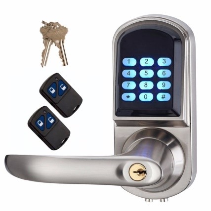 A door handle with a numeric keypad lock and wireless keys