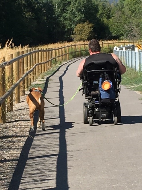 A person using a power wheelchair is walking their dog down a trail.