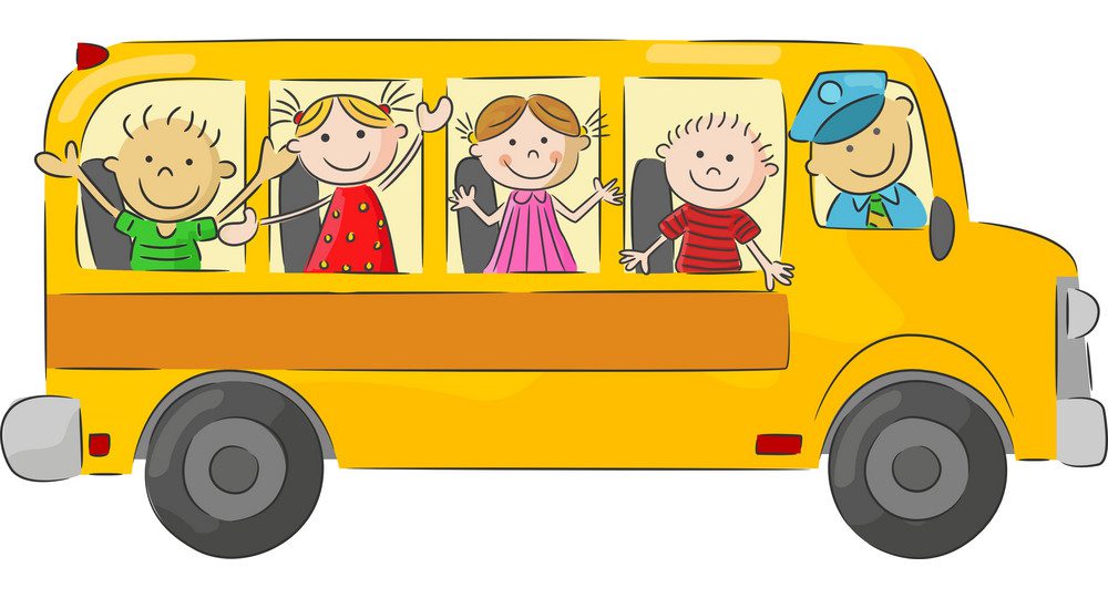 cartoon graphic of children riding in a big yellow school bus 