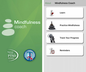 Screenshot of the Mindfulness Coach app: drop-down menu reads, "Learn; Practice Mindfulness; Track Your Progress; and Reminders"