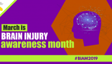 Purple icon of a head with lights to signify brain activity. Text: March is Brain Injury Awareness Month. #BIAM2019 CFILC logo.