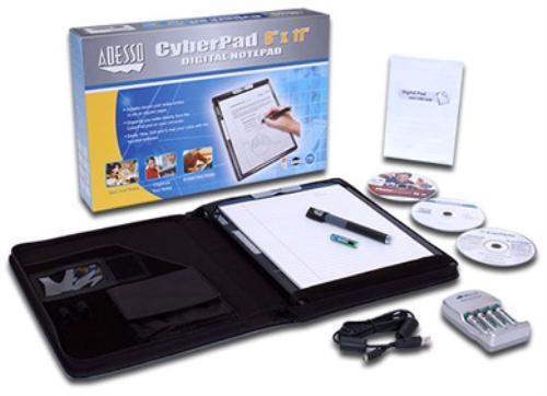 Photo of the cyberpad box with contents: notepad, pen, and accessories.