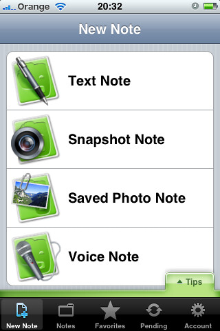 Screenshot: Text: New Note. Menu options: Text Note - Pen and paper icon. Snapshot Note - Paper and camera lens icon. Saved Photo Note. Paper with paperclipped photo. Voice Note. Paper with microphone icon. Tips Tab. Bottom tabs: New Note: Document icon with plus sign. Notes: Folder icon. Favorites: Star icon. Pending: circular arrows icon. Account: Gear icon.