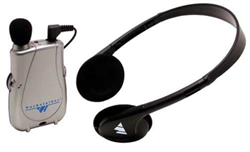 A grey pocket talker with black headset attached.