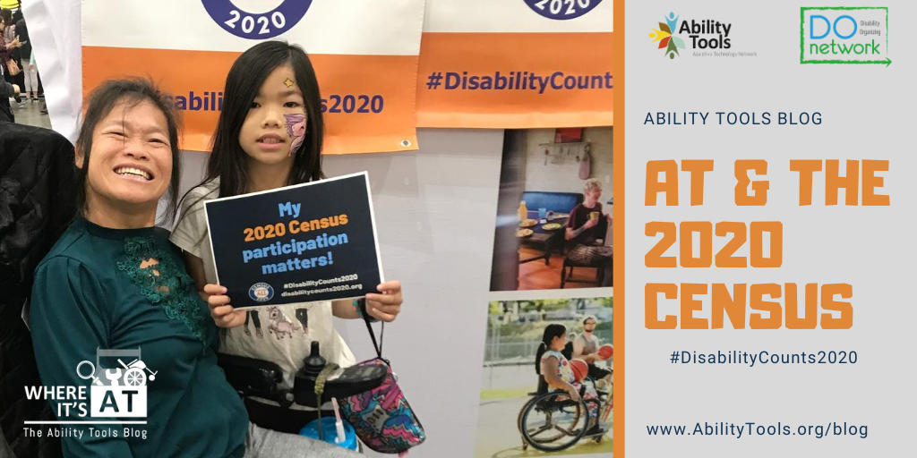 A woman in a power wheelchair smiling with an adolescent child by her side. The child is holding a sign that reads, "My 2020 Census participation matters!"