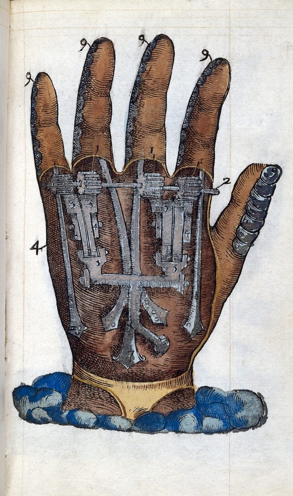 Ambroise Pare's mechanical hand
https://commons.wikimedia.org/wiki/File:Ambroise_Pare;_prosthetics,_mechanical_hand_Wellcome_L0023364.jpg
This file comes from Wellcome Images, a website operated by Wellcome Trust, a global charitable foundation based in the United Kingdom. Refer to Wellcome blog post / CC BY (https://creativecommons.org/licenses/by/4.0) No alterations made.