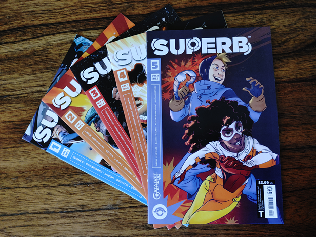 A fanned out stack of comic books, titled "Superb"