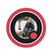 A Teams profile bubble with a red ring around it with the "Busy"  icon in the bottom right corner.  The profile picture contains a smiling woman wearing jeans and a blouse, sitting in a wheelchair in front of an open doorway.