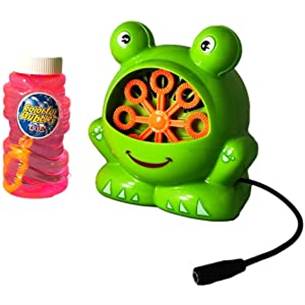 switch adapted frog bubble machine with a bottle of bubbles beside it.