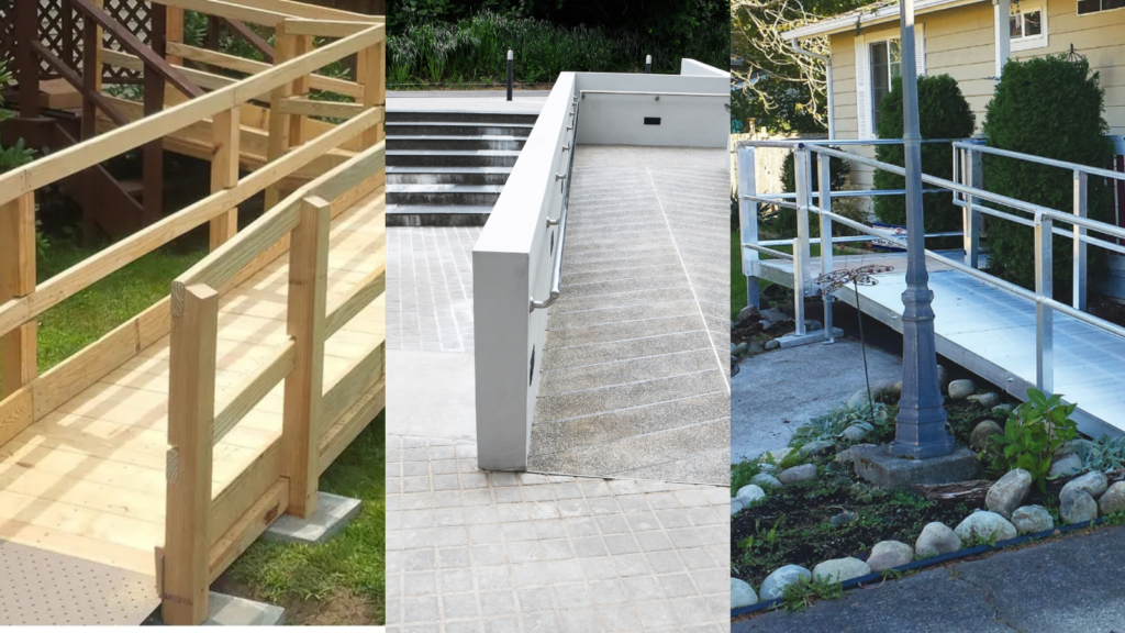 Ramps made of three different materials, wooden ramp, concrete ramp, modular aluminum ramp
