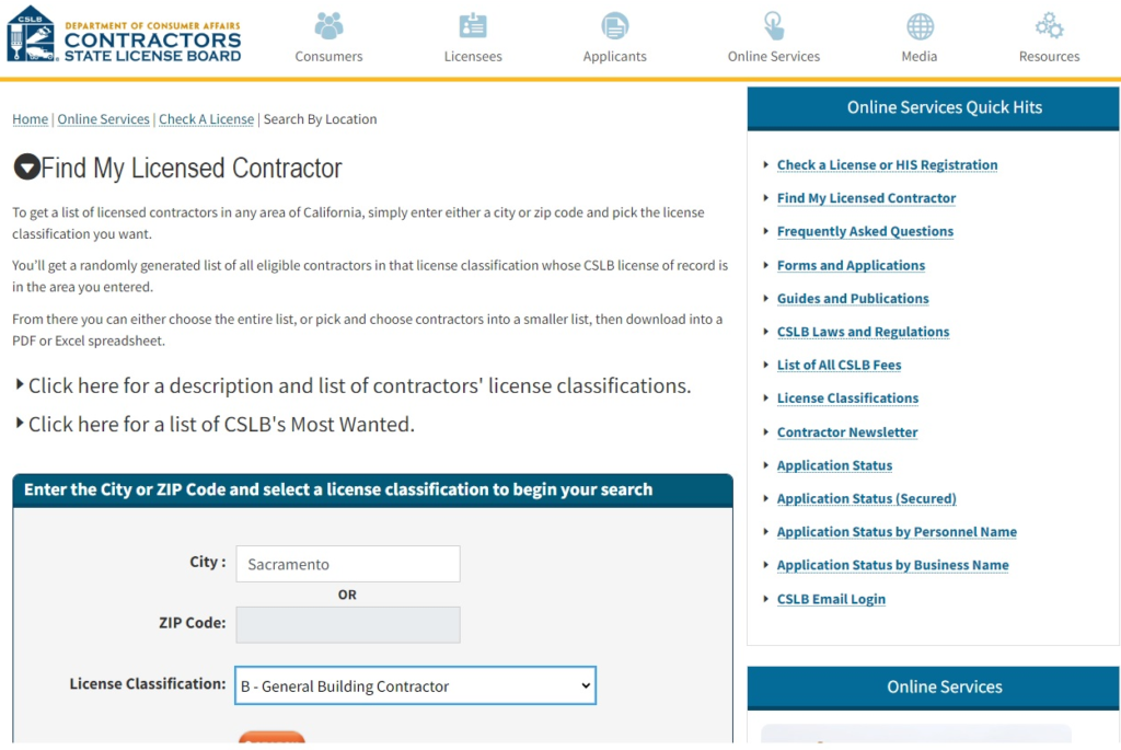 A screenshot of the 'Find My Licensed Contractor' tool on the Contractors State License Board webpage