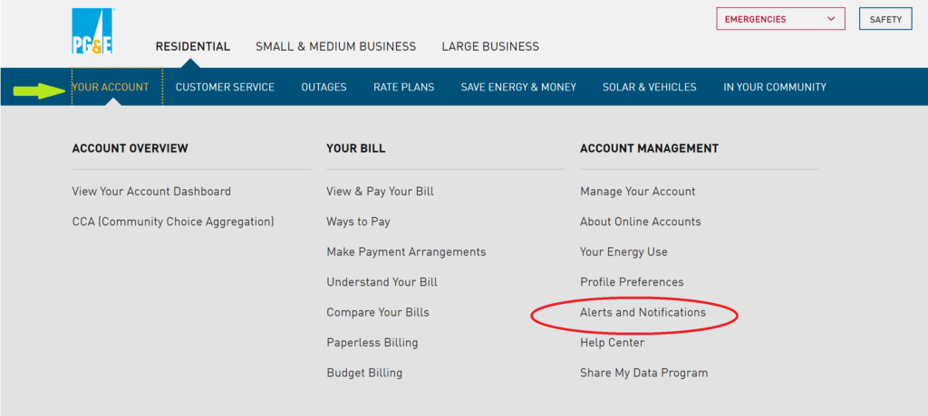 Screenshot of PG&E's login page. The top left has a green arrow pointing to the "Your Account" drop down menu. To the right a Red Circle surrounds the "Alerts and Notifications" menu option. 