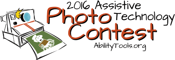 Graphic of the 2016 Assistive Technology Photo Contest with an illustration of a Polaroid-like cameria ejecting a photo of smiling person in wheelchair.
